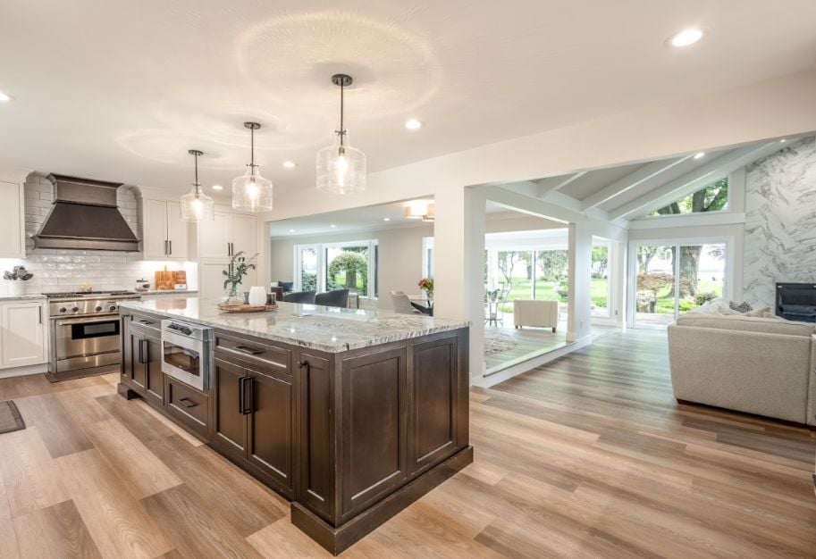 large home renovation in oakland county michigan with open concept kitchen and living area